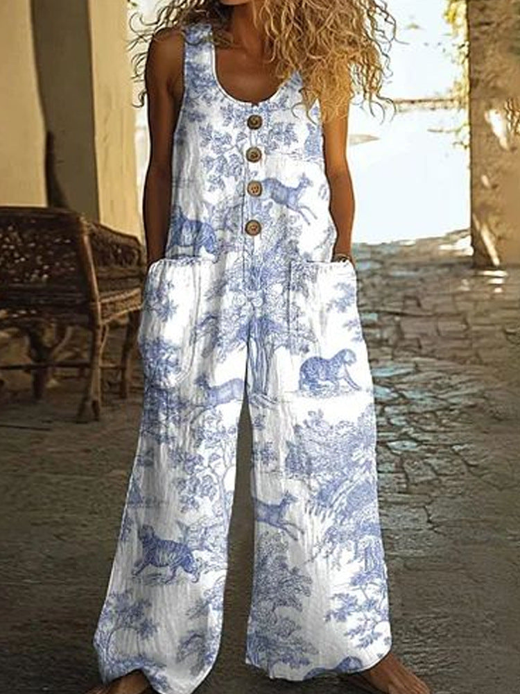 Damen Künstlerische Blumenmuster Latzhose Drune