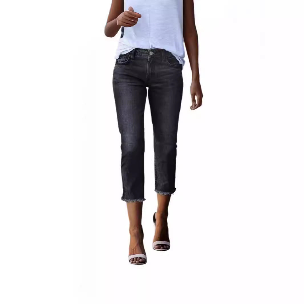 Damen nan gerade geschnittene Jeanshose in verkürzter Länge mit ausgefranstem Saum Drune