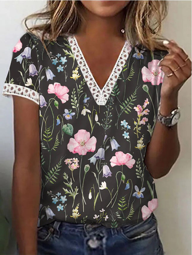 Drune | Elegantes T-Shirt Mit Kurzen Ärmeln Und V-Ausschnitt Print Für Damen