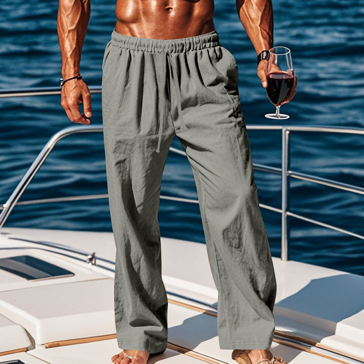 Herren nan weite Leinen-Loungehose mit elastischem Tunnelzugbund, Kordelzug und geradem Bein Drune