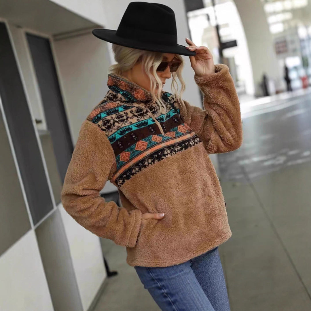 Damen kuschelige Fleece-Pullover mit modischem Reißverschluss und Farbdesign Drune