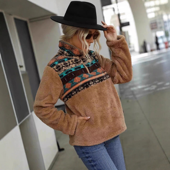 Damen kuschelige Fleece-Pullover mit modischem Reißverschluss und Farbdesign Drune