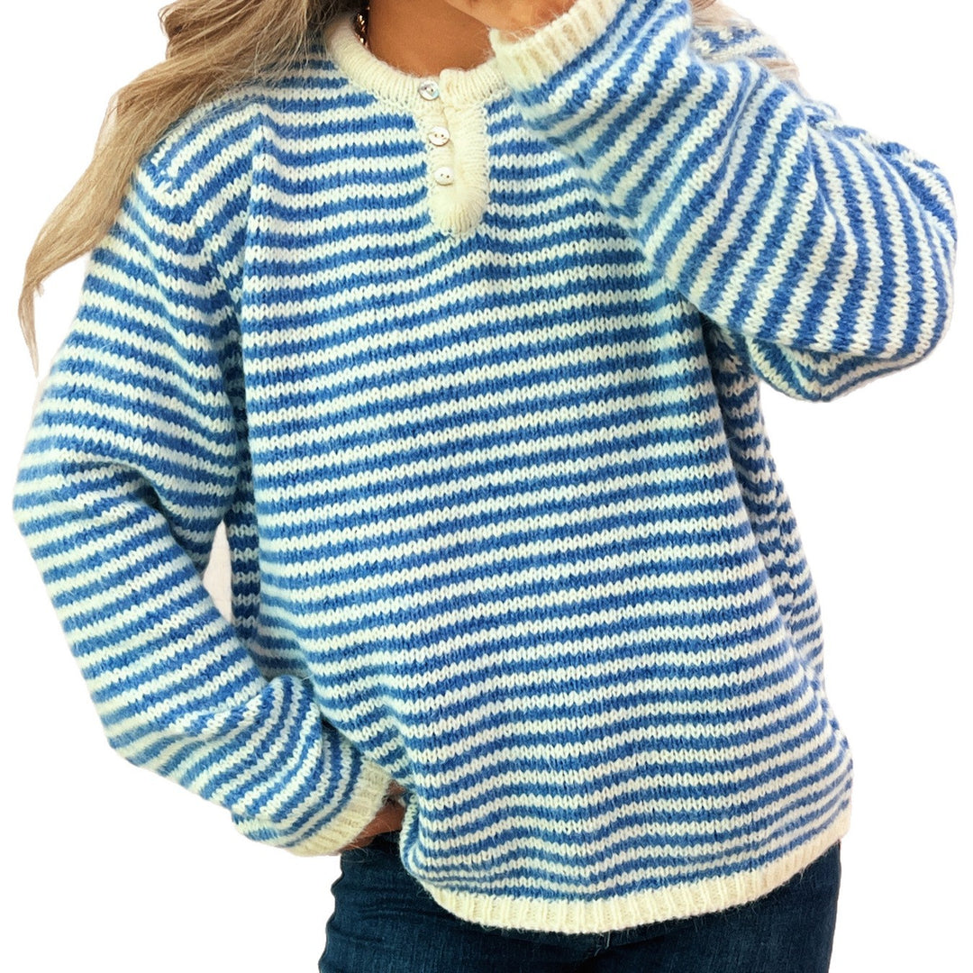Damen lässiger Streifenpullover mit Knopfleiste und Rundhalsausschnitt Drune