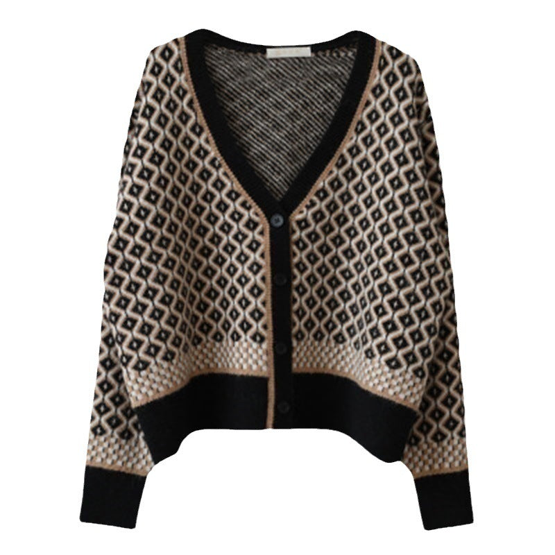 Damen elegante Strickjacke mit geometrischem Muster und Knopfdetails Drune