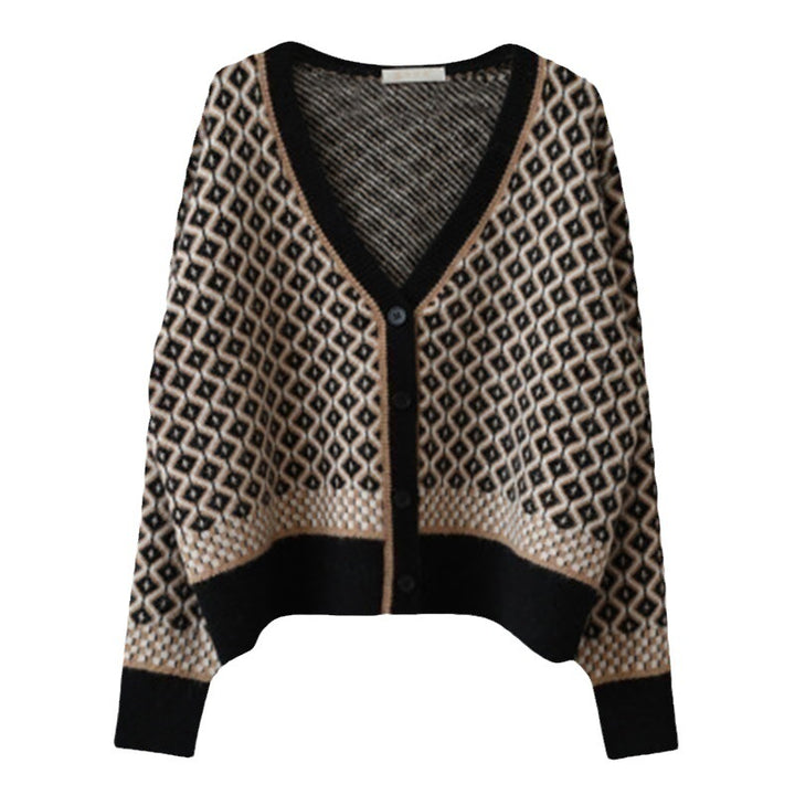 Damen elegante Strickjacke mit geometrischem Muster und Knopfdetails Drune