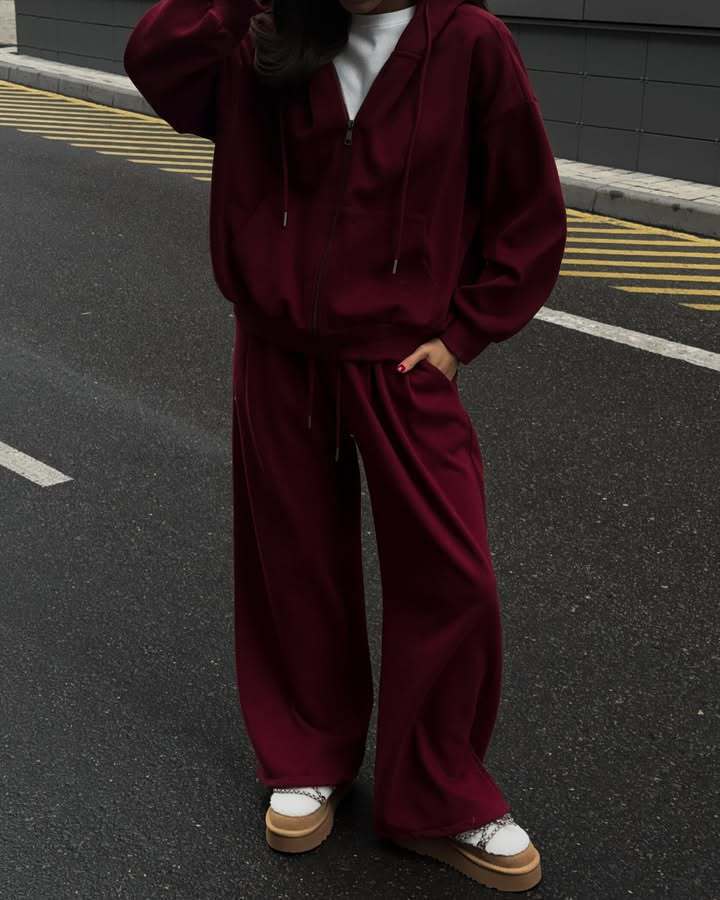 Damen nan weites Lounge-Set mit Zip-Hoodie, Kängurutasche und extraweiter Highwaist-Jogginghose Drune