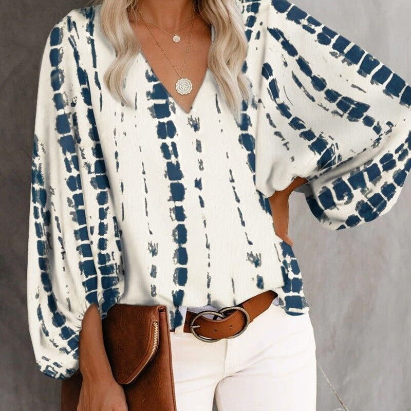 Damen Modische Bluse mit weitem Arm und V-Ausschnitt Drune