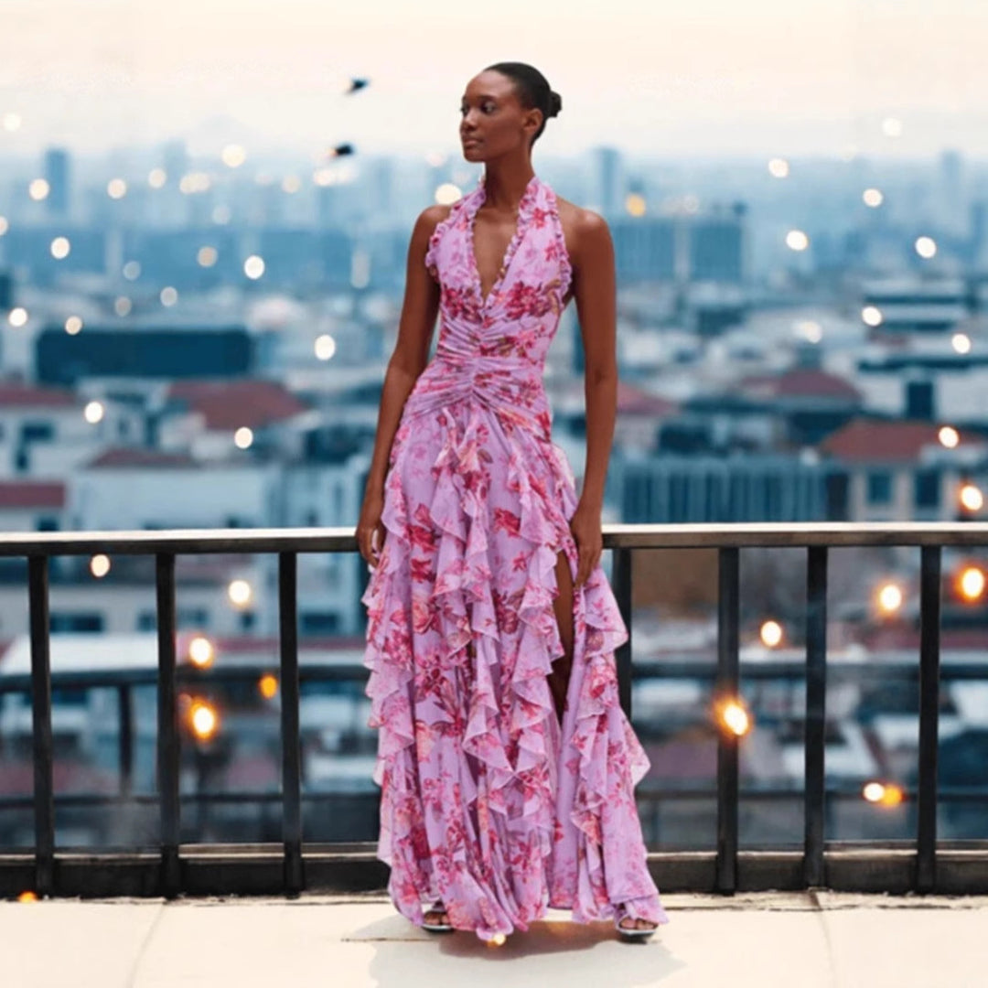 Damen Maxikleid mit voluminösen Rüschendetails und floralem Design Drune