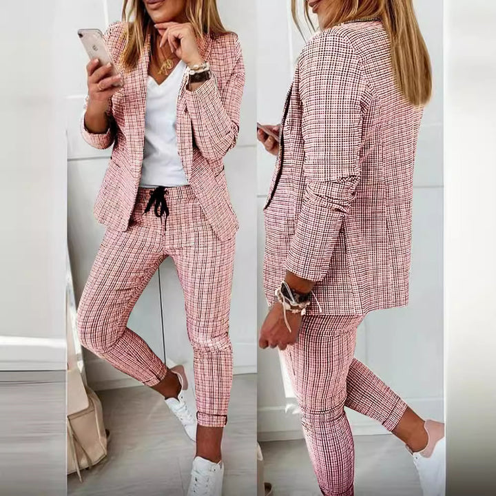 Damen nan lässig-elegantes Karozweiteiler Blazer mit Tunnelzug-Slimhose Drune