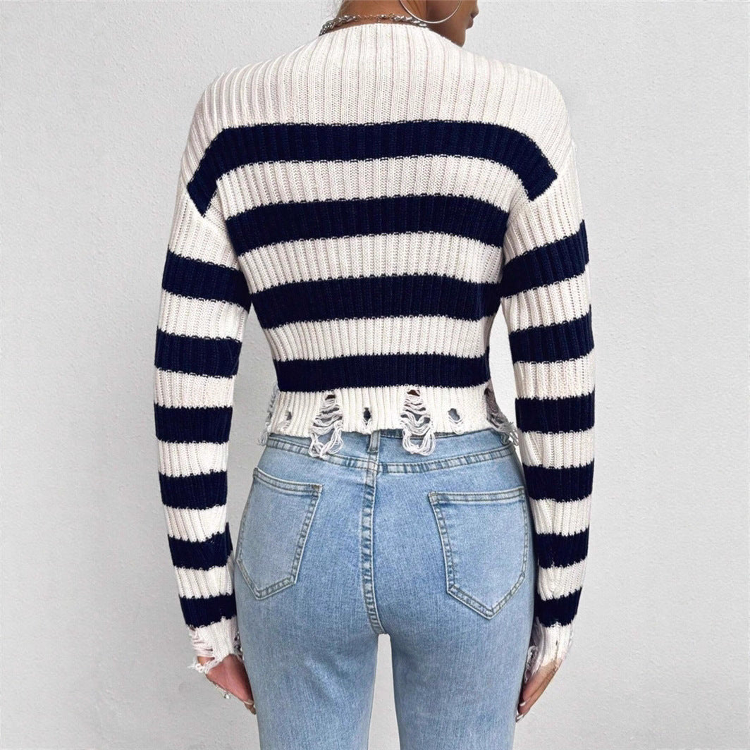 Damen Cropped Pullover mit stylischen Streifen und distressed Details Drune