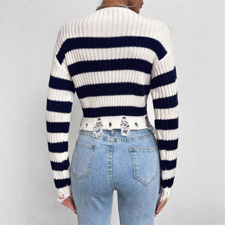 Damen Cropped Pullover mit stylischen Streifen und distressed Details Drune