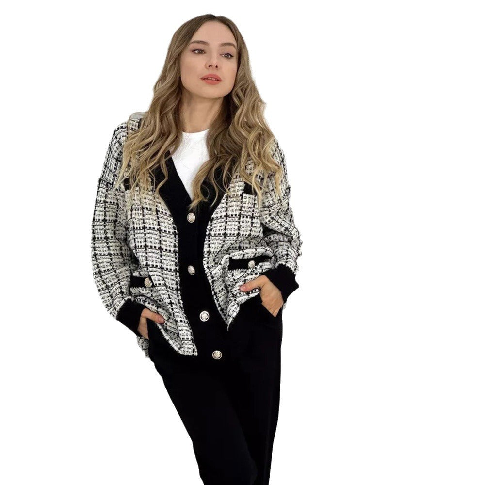 Damen modische Strickjacke mit eleganter Karo-Optik und Taschen Drune