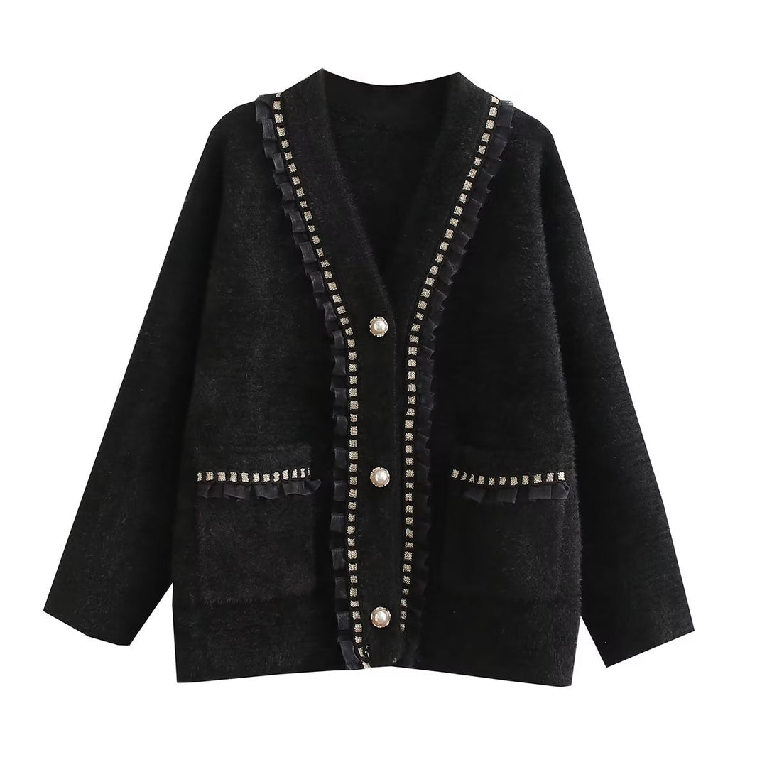 Damen modische Strickjacke mit dekorativen Rüschen und perlenverzierten Knopfdetails Drune