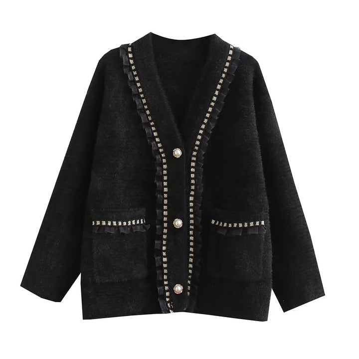 Damen modische Strickjacke mit dekorativen Rüschen und perlenverzierten Knopfdetails Drune