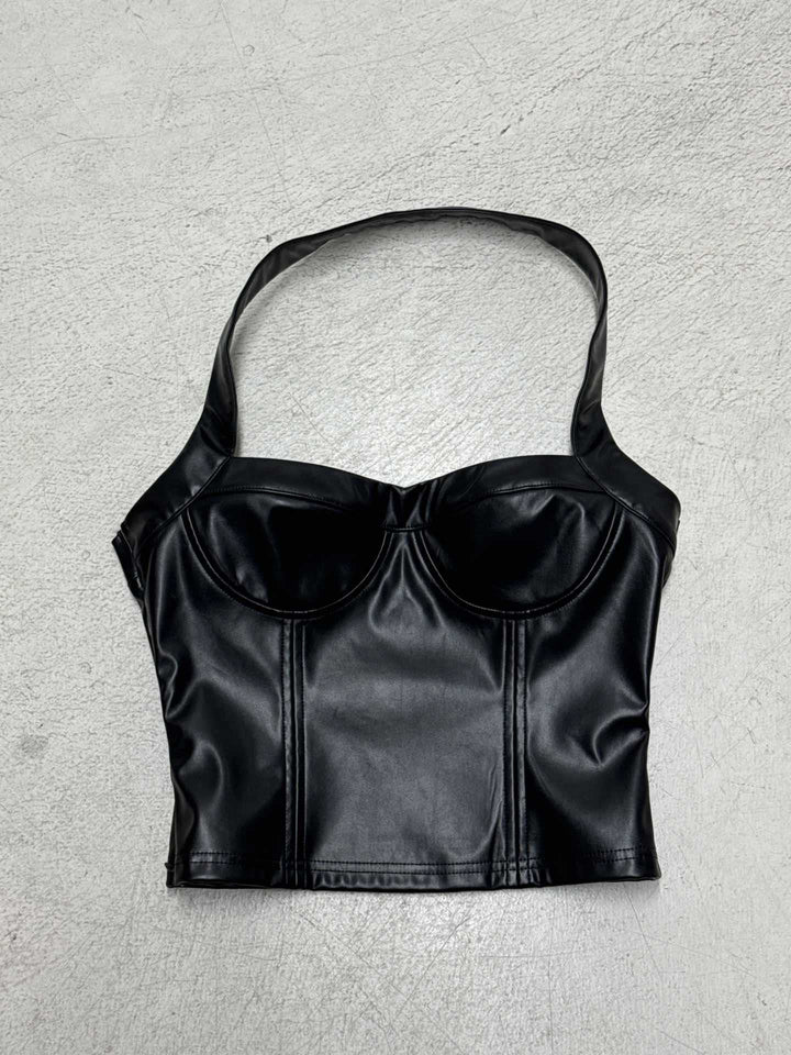 Damen Kunstleder Crop-Top mit romantischem Schnitt und verführerischem Bustier-Wirkung Drune