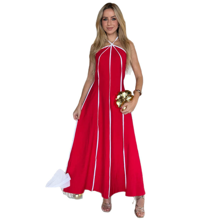 Damen Maxikleid mit elegantem Halterneck und modischen Streifen Drune