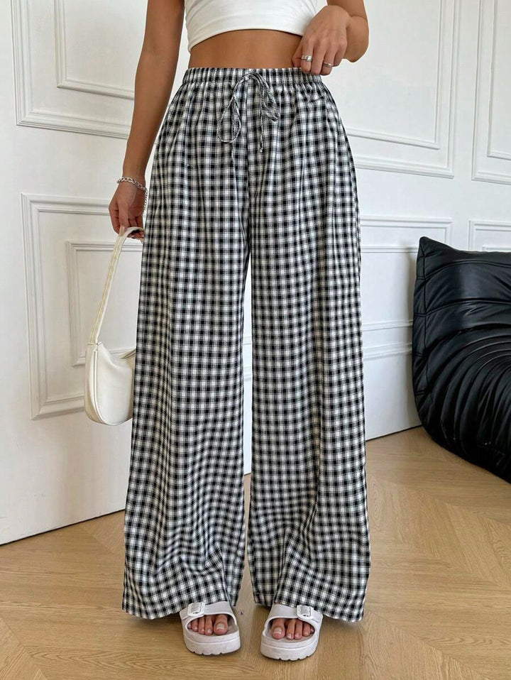 Damen weite Vichy-Hose mit elastischem Bund und Kordelzug Drune