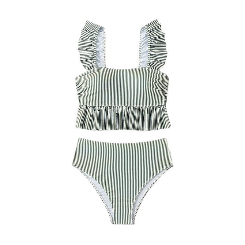 Damen Hoch geschnittenes Bikini-Set mit Rüschendesign und gestreiftem Muster Drune