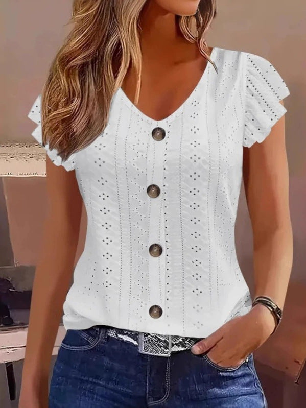 Damen luftige Bluse mit filigranem Lochmuster und Knopfdetails Drune