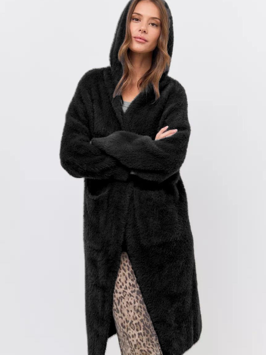 Damen Kapuzen-Strickmantel mit luxuriösem Flauschteil Drune