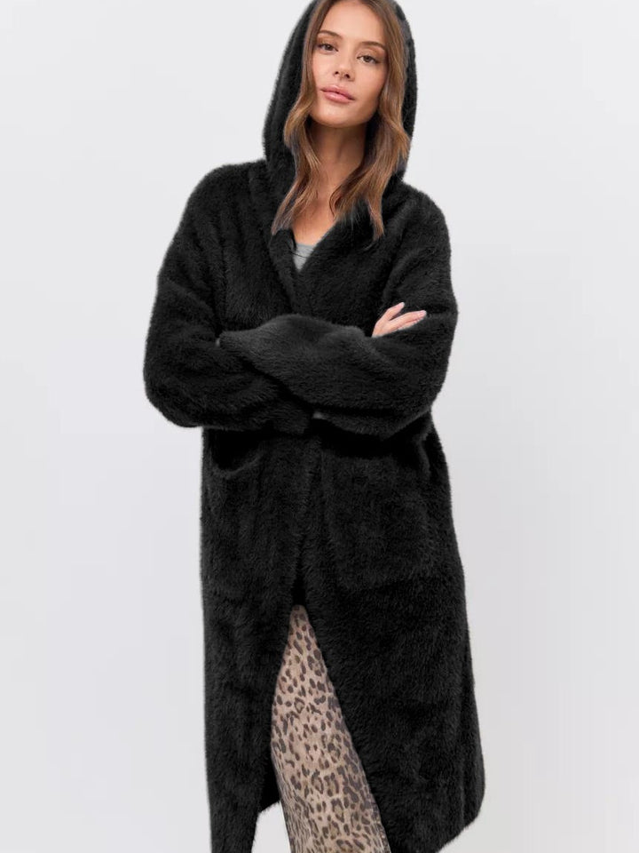 Damen Kapuzen-Strickmantel mit luxuriösem Flauschteil Drune