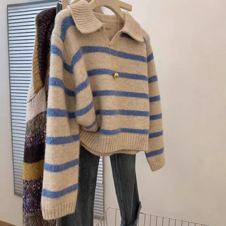 Damen Strickpullover mit V-Ausschnitt und strukturiertem Streifenmuster Drune