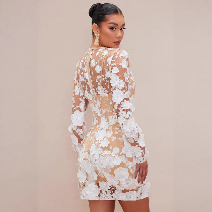 Damen Spitzenkleid mit floralen Applikationen und langen Ärmeln Drune