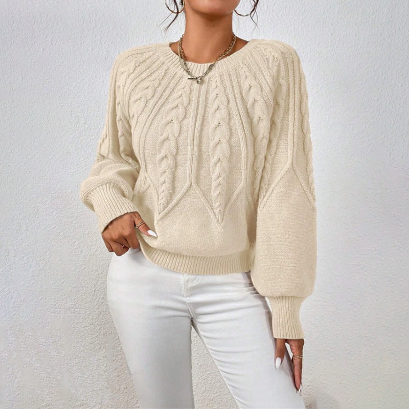 Damen nan kurzer Zopfmuster-Strickpullover mit Ballonärmeln und geripptem Saum Drune