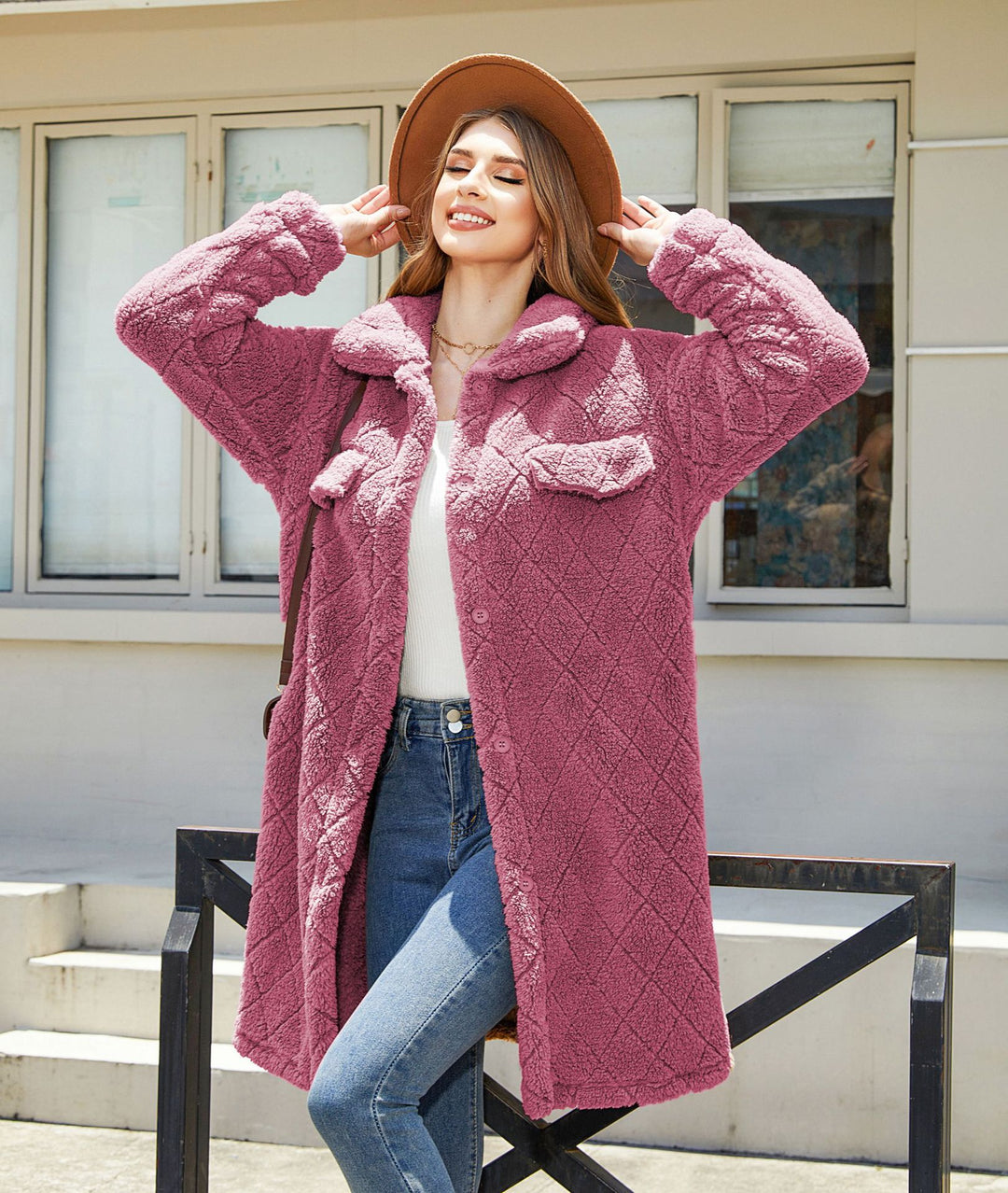 Damen Plüschiger Oversized-Mantel mit großen Taschen und strukturiertem Design Drune