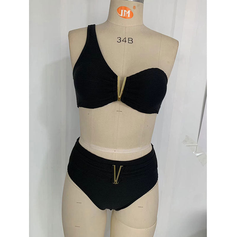Damen Hoch geschnittenes Bikiniset mit asymmetrischem Oberteil und goldenen Akzenten Drune