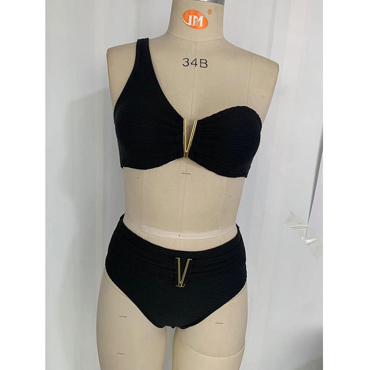 Damen Hoch geschnittenes Bikiniset mit asymmetrischem Oberteil und goldenen Akzenten Drune