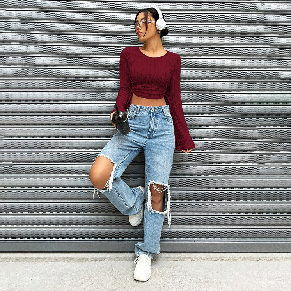 Damen cropped Langarmoberteil mit modischem Rippstrick und Bindedetail Drune
