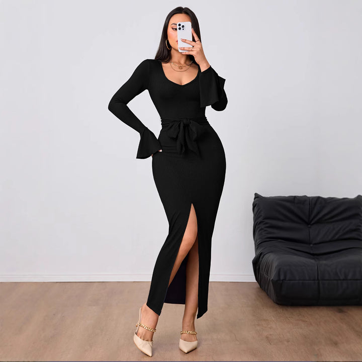 Damen Kleid mit V-Ausschnitt und ausgestellten Ärmeln Drune