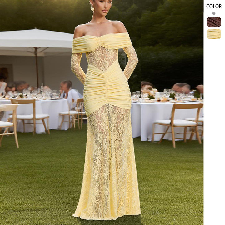 Damen Elegantes Spitzen Abendkleid mit schulterfreier Silhouette und raffinierten Rüschendetails Drune