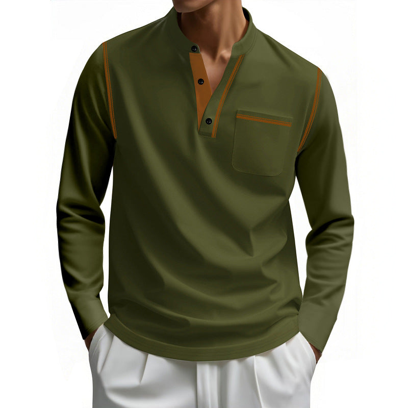 Herren nan Henley-Langarmshirt mit Stehkragen, Brusttasche und kontrastierenden Ziernähten Drune