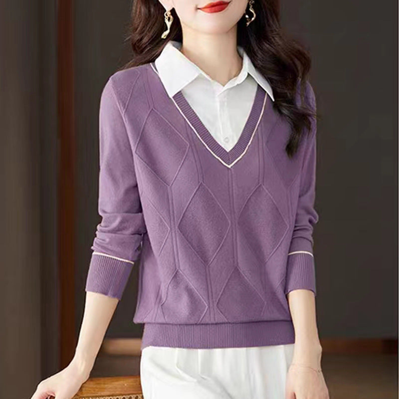 Damen gestrickter Pullover mit v-ausschnitt und strukturiertem Diamantmuster Drune