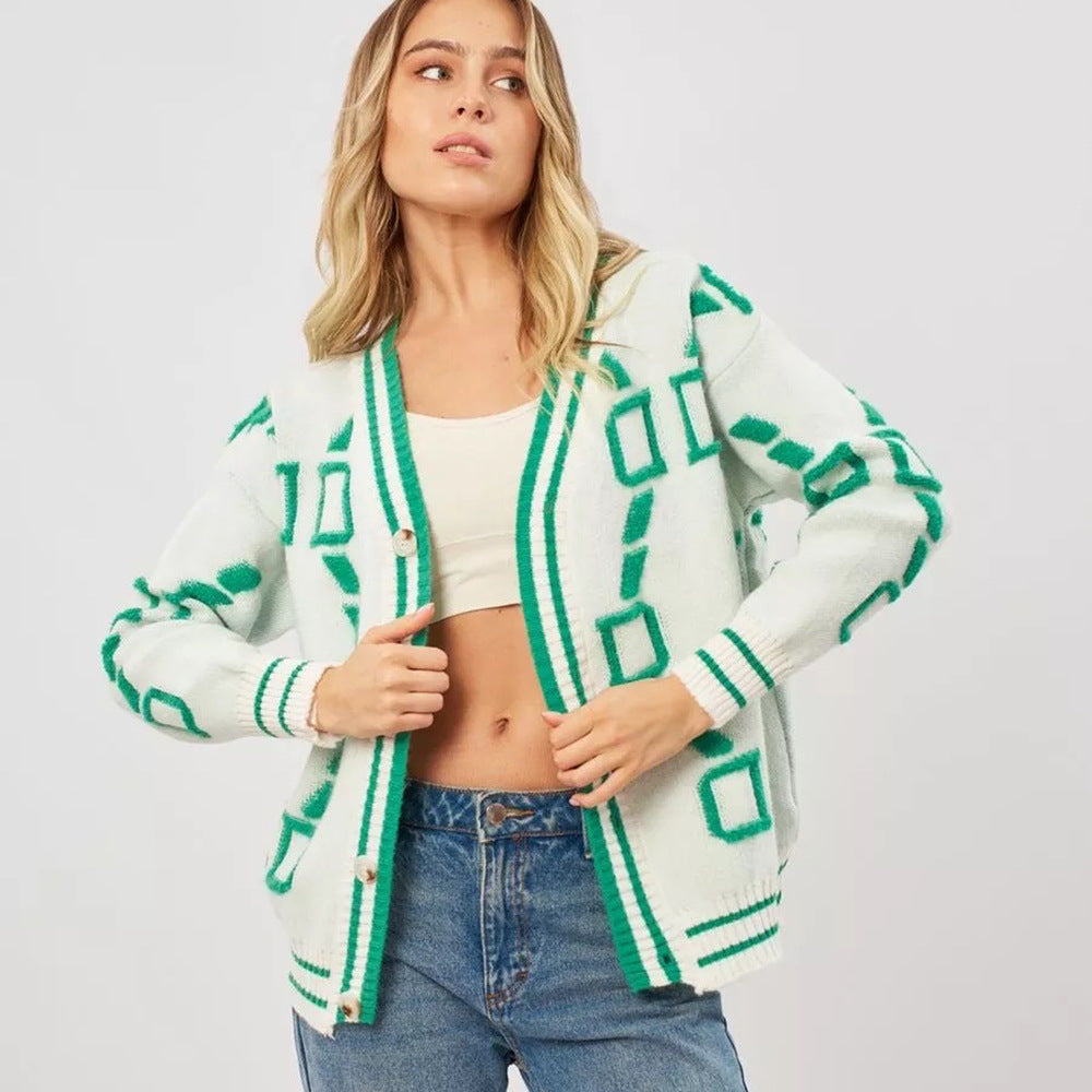 Damen modische Strickjacke mit geometrischem Muster und Knopfleiste Drune