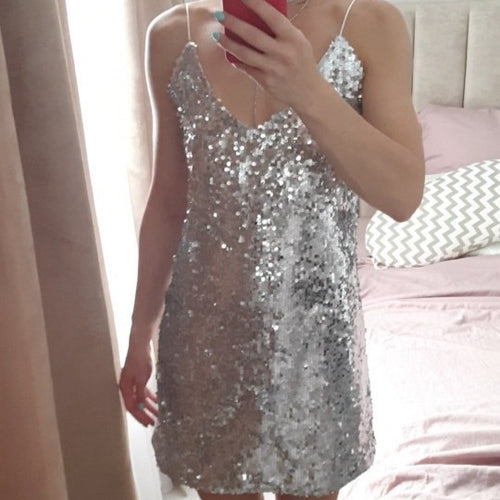 Damen Glitzerndes Minikleid mit raffiniertem V-Ausschnitt und verstellbaren Spaghettiträgern Drune