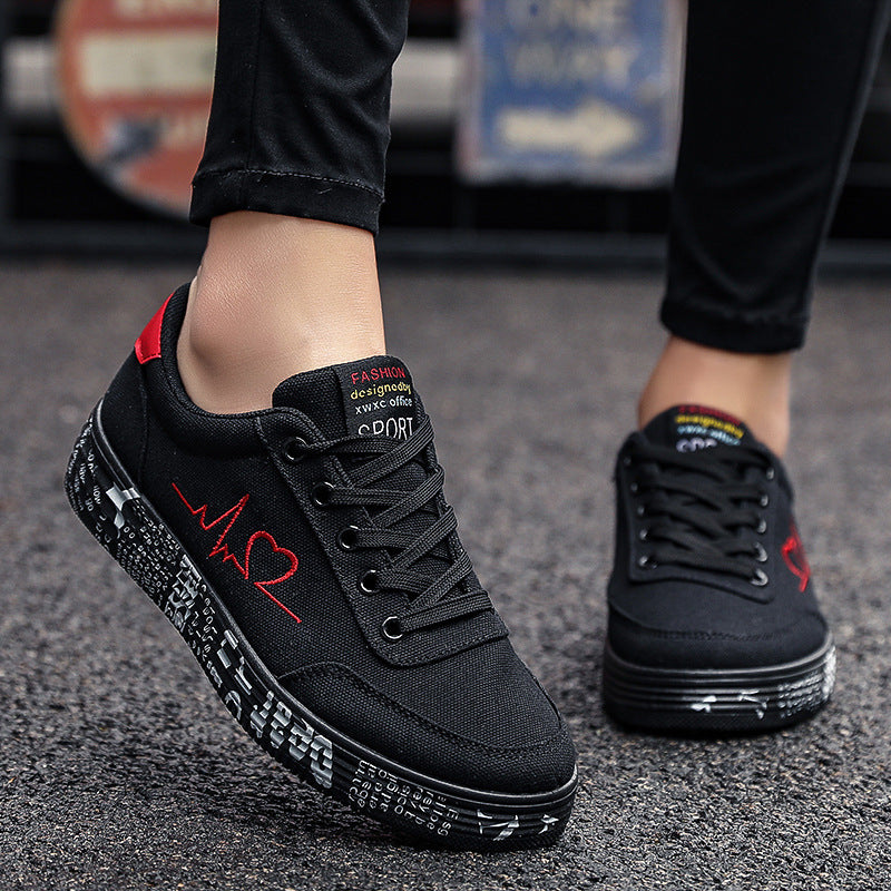 Damen nan Canvas-Sneaker mit dekorativer Print-Plateausohle und Herzlinien-Stickerei Drune