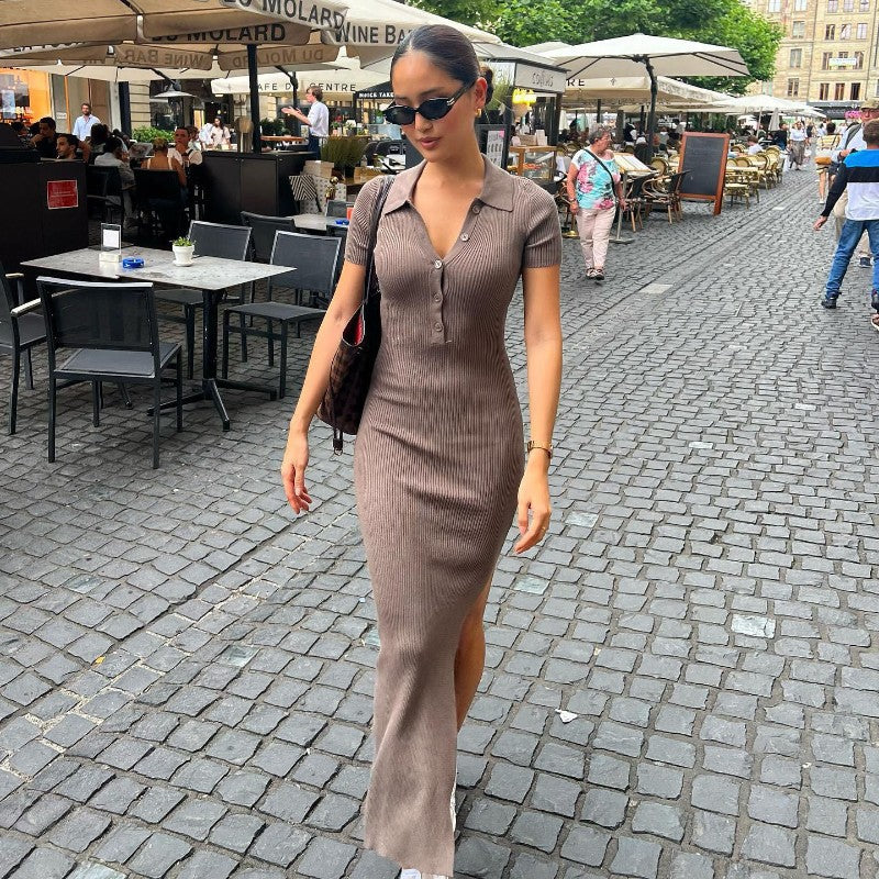 Damen Maxikleid mit kurzem Arm und klassischem Kragen Drune