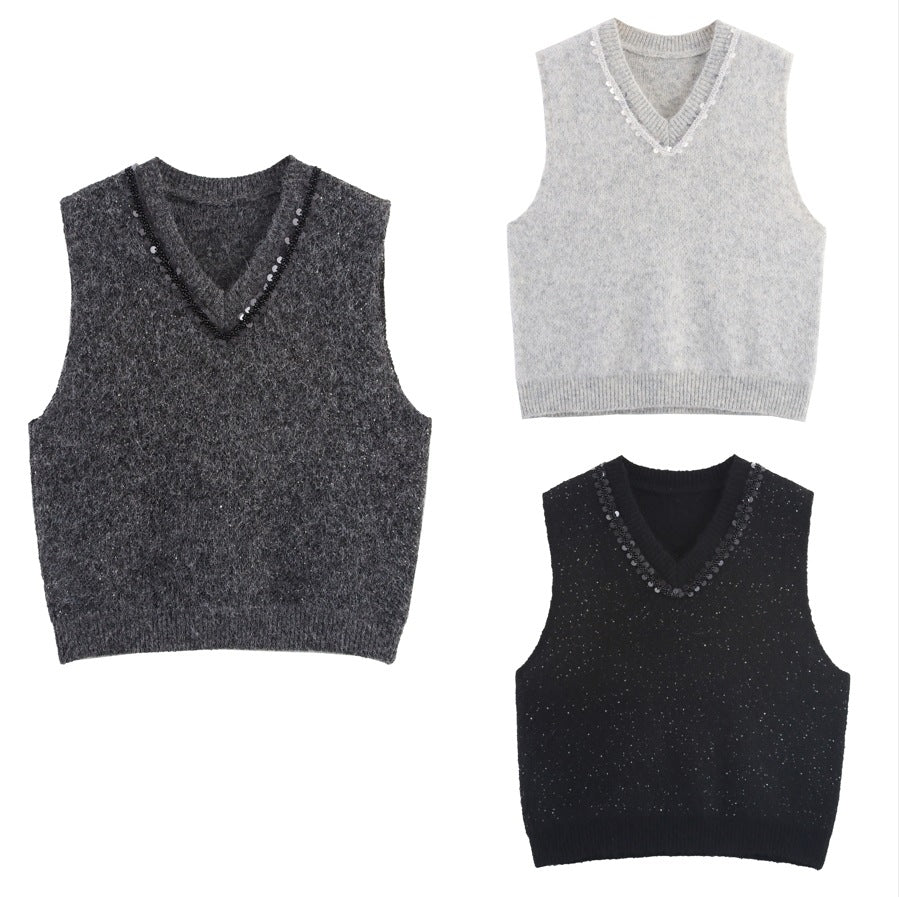 Damen eleganter Strickpullover ohne Ärmel mit funkelnden Applikationen Drune