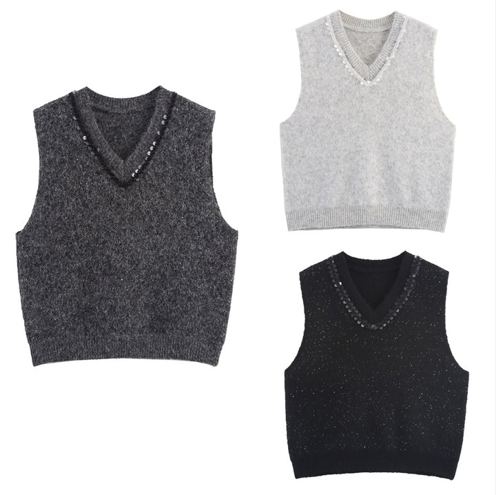 Damen eleganter Strickpullover ohne Ärmel mit funkelnden Applikationen Drune