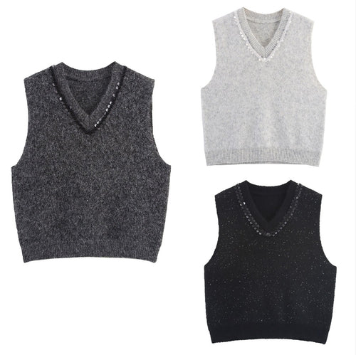 Damen eleganter Strickpullover ohne Ärmel mit funkelnden Applikationen Drune