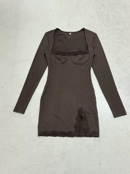 Damen nan figurbetontes Langarm-Minikleid mit Korsettoptik, geformten Cups und Spitzendetail Drune