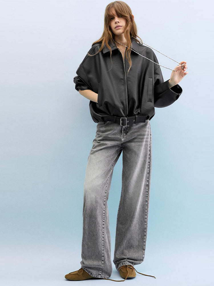 Damen Modische Kunstlederjacke mit weitem Schnitt und Taillengürtel Drune