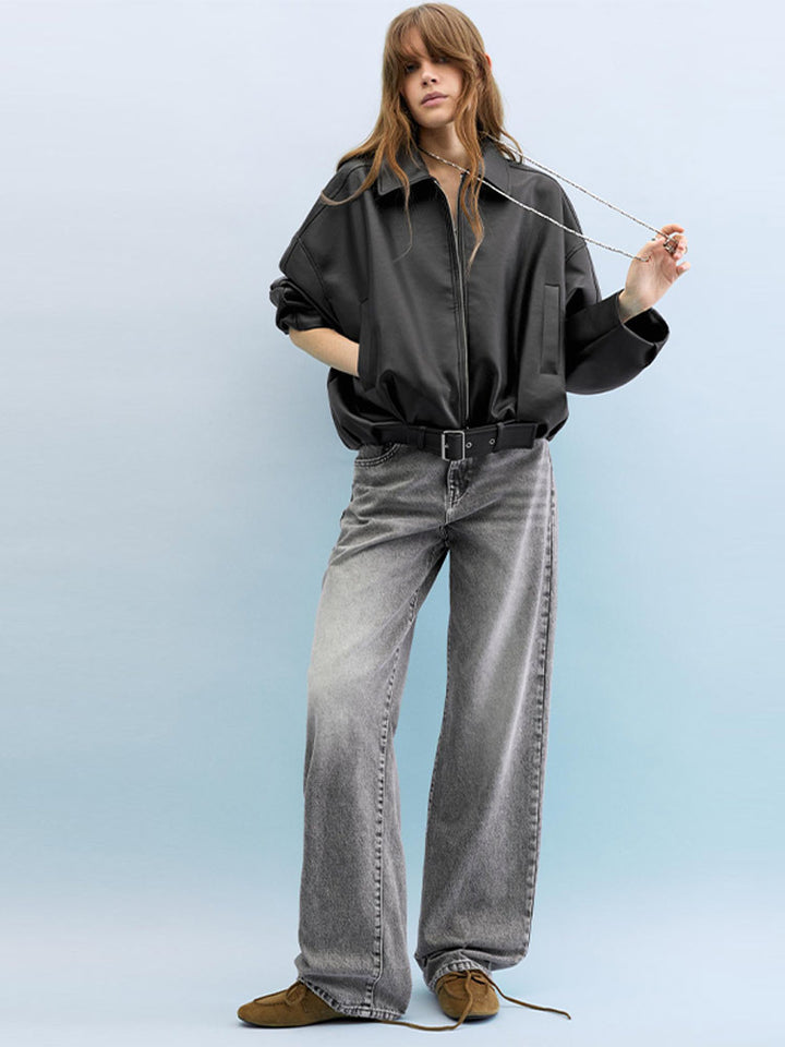 Damen Modische Kunstlederjacke mit weitem Schnitt und Taillengürtel Drune