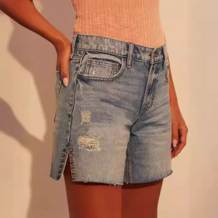 Damen modische Destroyed Denim-Shorts mit Nietenverzierung Drune