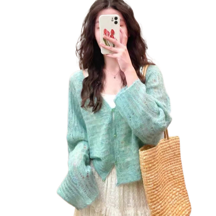Damen luftiger Strickcardigan mit feiner Lochmusterstruktur und weitem Schnitt Drune