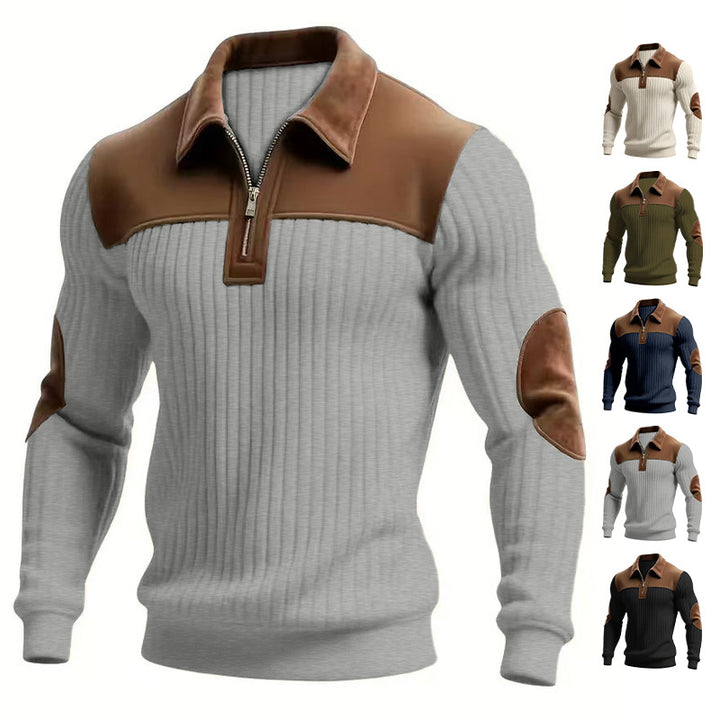 Herren nan gerippter Halbzip-Pullover mit kontrastierenden Lederapplikationen an Schultern und Ellenbogen Drune