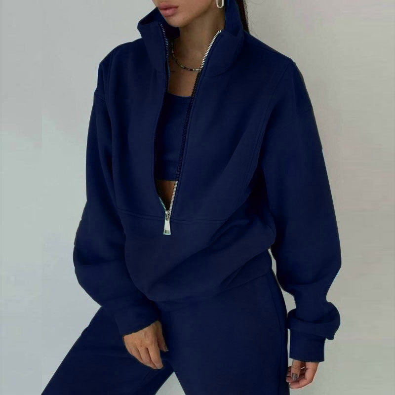 Damen nan Oversize Halbzip-Sweatshirt mit hohem Stehkragen und verdeckter Kängurutasche Drune